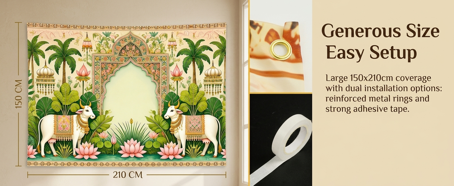 HASTHIP Floral Polyester Backdrop Cloth with Traditional Arch and Lotus Print for Ceremonies