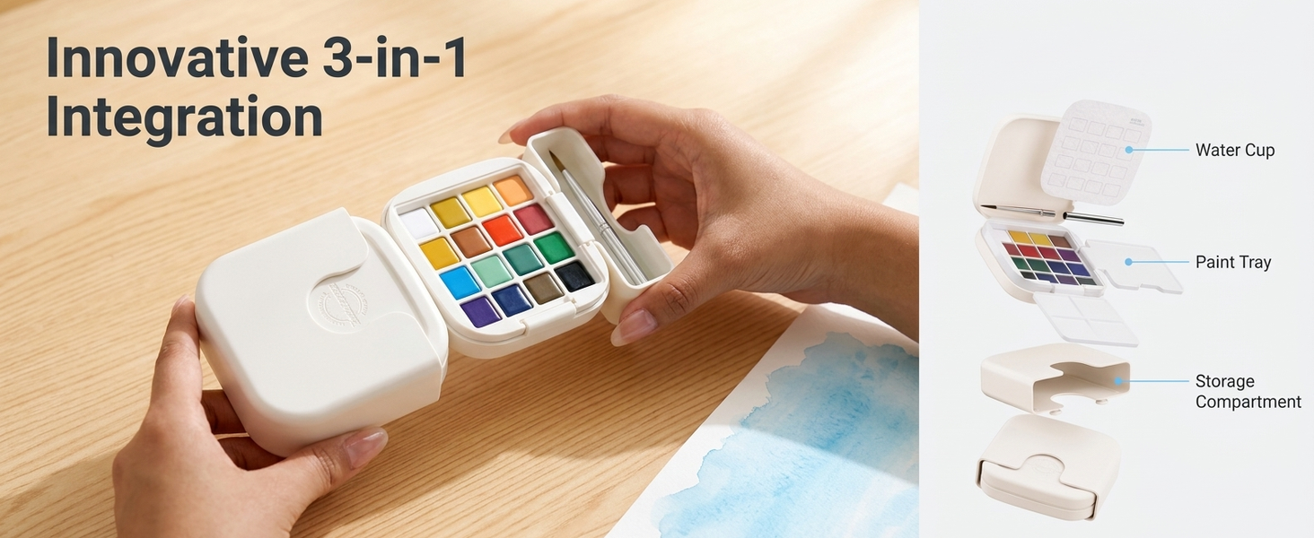 HASTHIP Mini Watercolor Paint Set with 16 Colors, Compact Travel Kit for Outdoor Painting