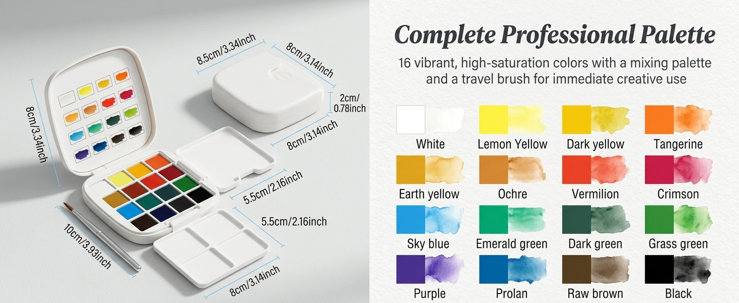 HASTHIP Mini Watercolor Paint Set with 16 Colors, Compact Travel Kit for Outdoor Painting
