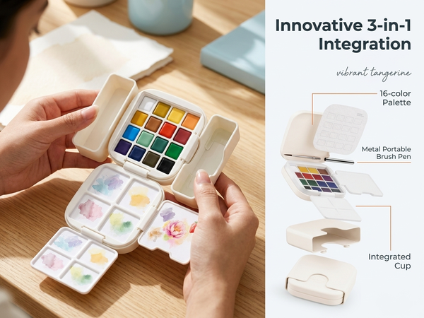 HASTHIP Mini Watercolor Paint Set with 16 Colors, Compact Travel Kit for Outdoor Painting
