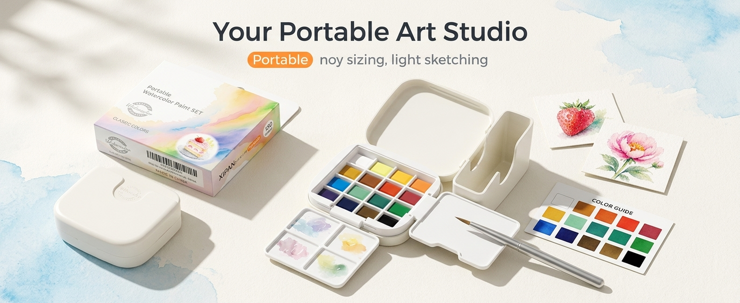 HASTHIP Mini Watercolor Paint Set with 16 Colors, Compact Travel Kit for Outdoor Painting