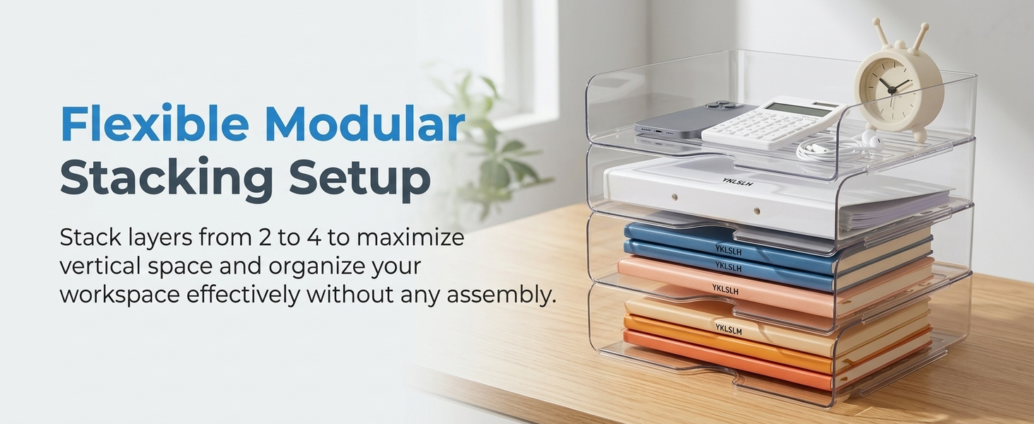 HASTHIP 4 Tier Acrylic Paper Organizer with Stackable Trays and a Wide Front Opening