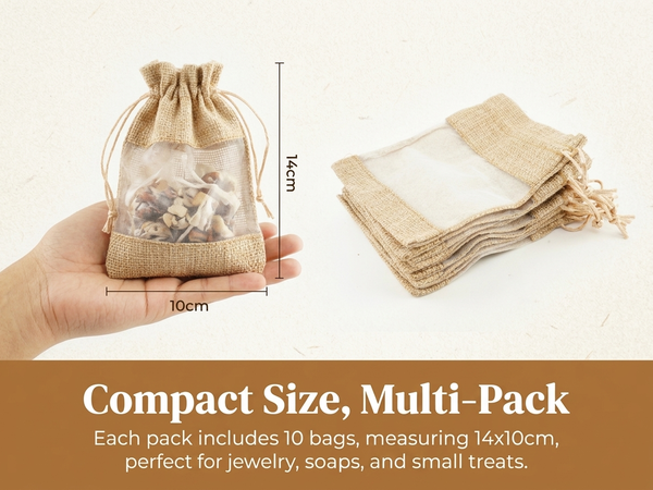 HASTHIP 10-Pack Burlap and Organza Drawstring Gift Bags, 10×14 cm, Beige for Favors