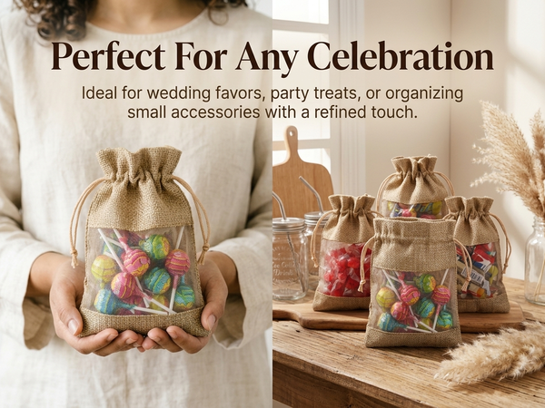 HASTHIP 10-Pack Burlap and Organza Drawstring Gift Bags, 10×14 cm, Beige for Favors