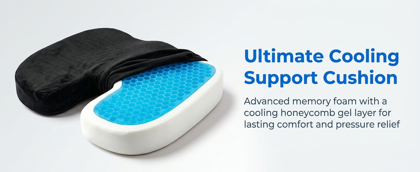 HASTHIP Cool Gel and Memory Foam Coccyx Cushion with U-Shaped Design and Non-Slip Base