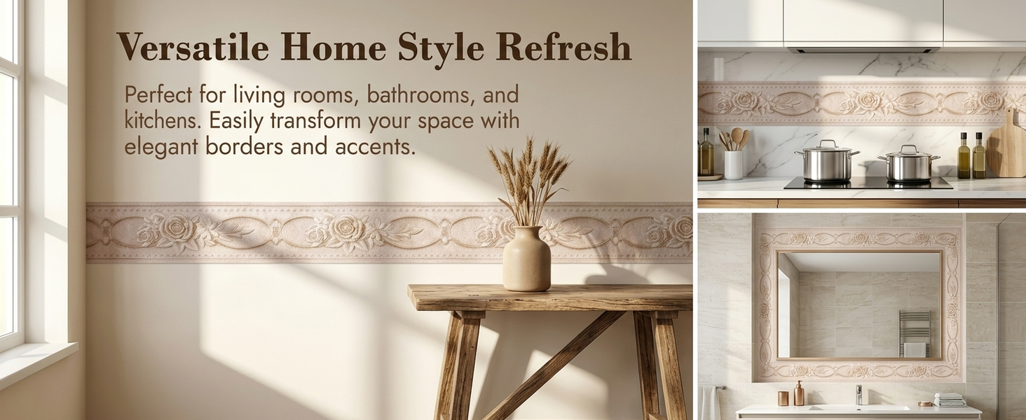 HASTHIP 3D Floral Peel-and-Stick Wallpaper Border, Water-Resistant Trim for Home Interiors