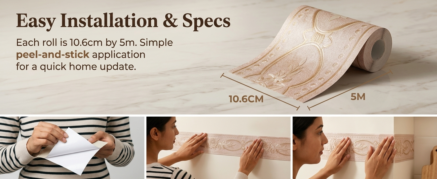 HASTHIP 3D Floral Peel-and-Stick Wallpaper Border, Water-Resistant Trim for Home Interiors
