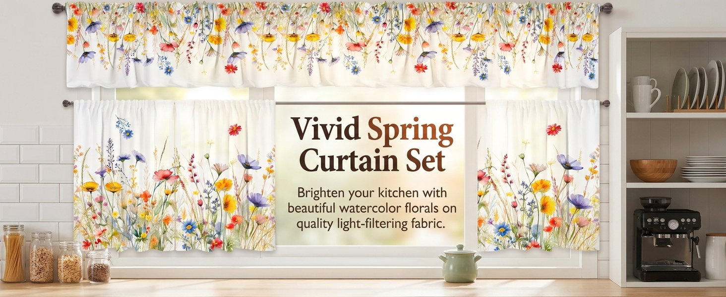 HASTHIP 3PCS Spring Kitchen Curtains and Valances Set