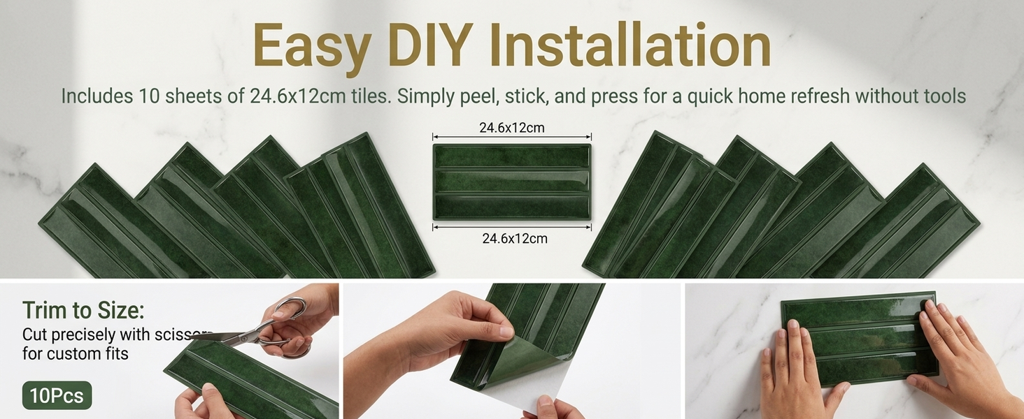 HASTHIP 10-Sheet Peel-and-Stick 3D Backsplash Tiles with Raised Gel Finish for Indoor Walls