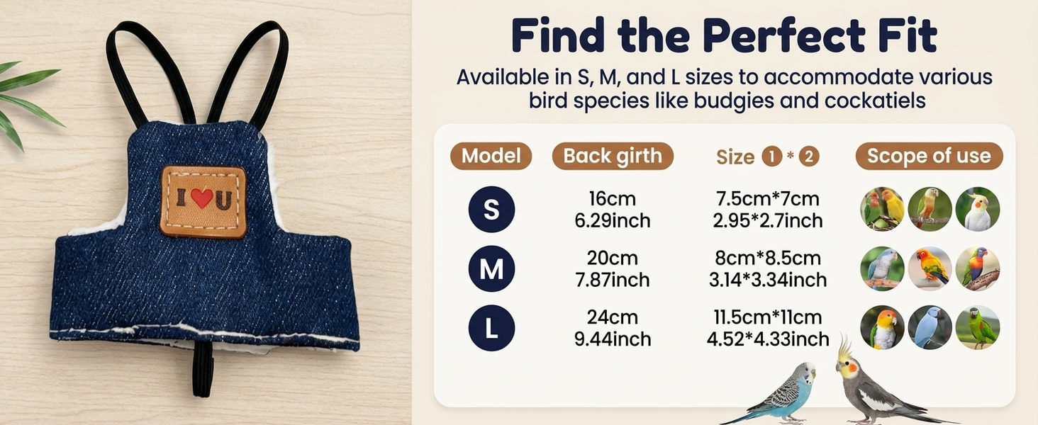 Qpets Bird Flight Harness with Leash, Adjustable Denim Vest for Small Parrots, 16cm Back Girth