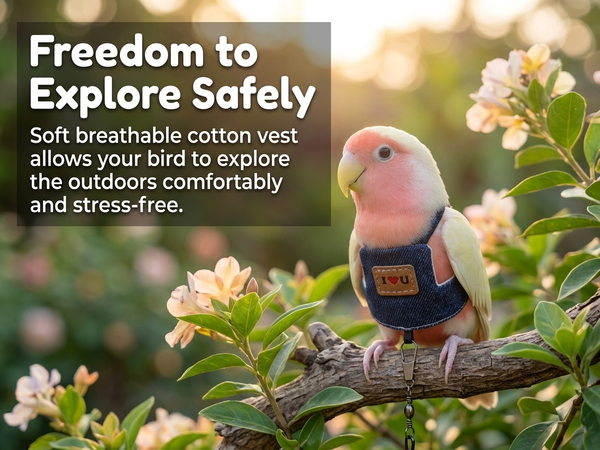 Qpets Bird Flight Harness with Leash, Adjustable Denim Vest for Small Parrots, 16cm Back Girth
