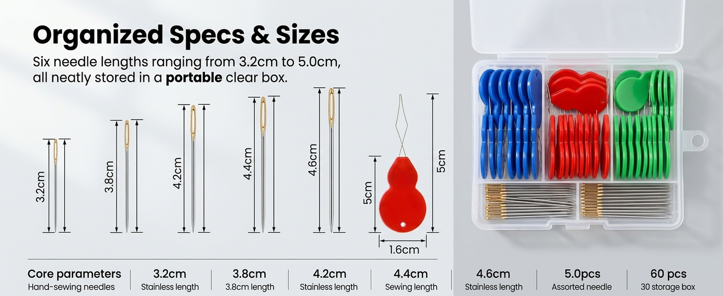 HASTHIP 60-Piece Hand Sewing Needle and Threader Set with Assorted Needle Sizes and Storage Box