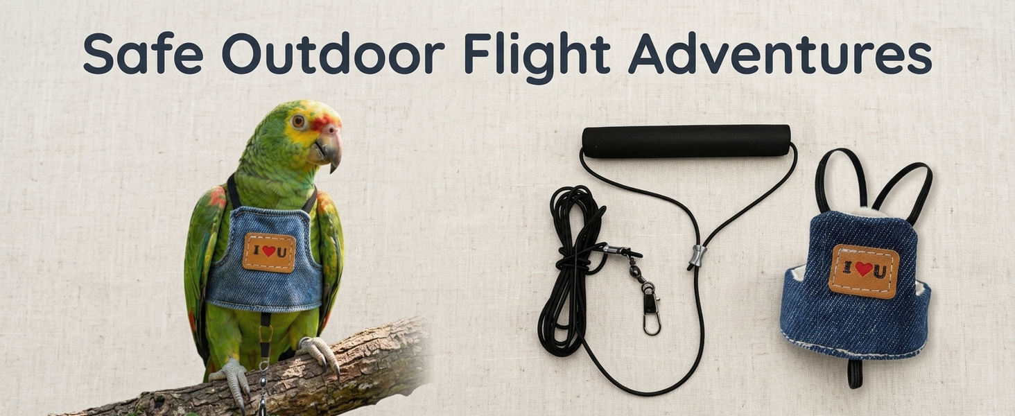 Qpets Bird Flight Harness with Leash, Adjustable Denim Vest for Small Parrots, 16cm Back Girth