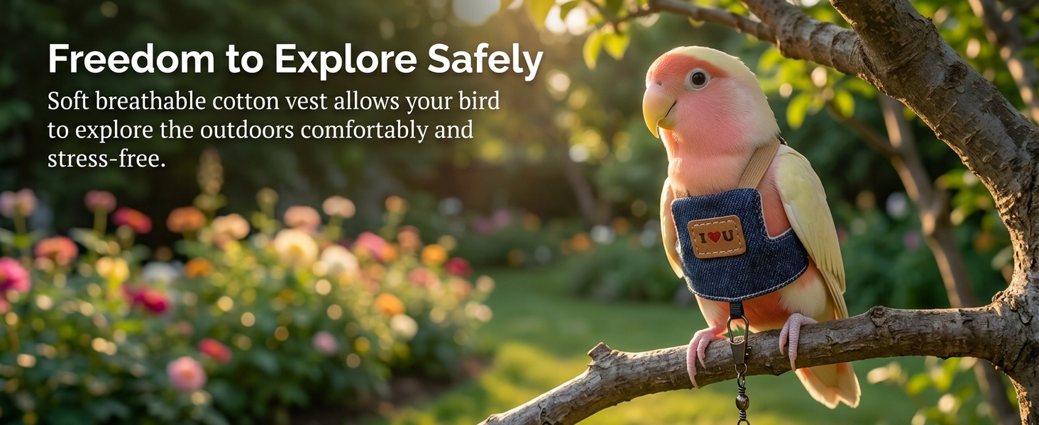Qpets Bird Flight Harness with Leash, Adjustable Denim Vest for Small Parrots, 16cm Back Girth