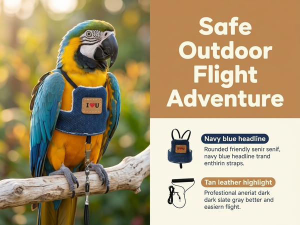 Qpets Bird Flight Harness with Leash, Adjustable Denim Vest for Large Parrots, 24cm Back Girth