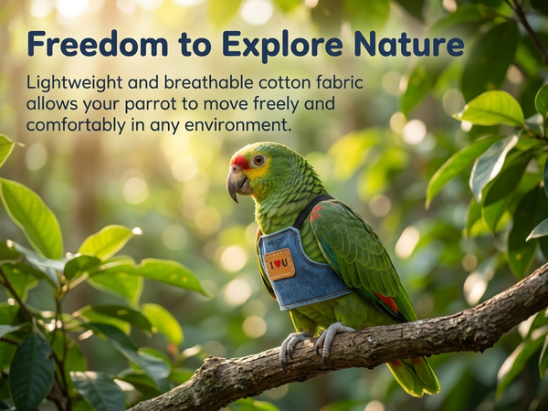 Qpets Bird Flight Harness with Leash, Adjustable Denim Vest for Large Parrots, 24cm Back Girth