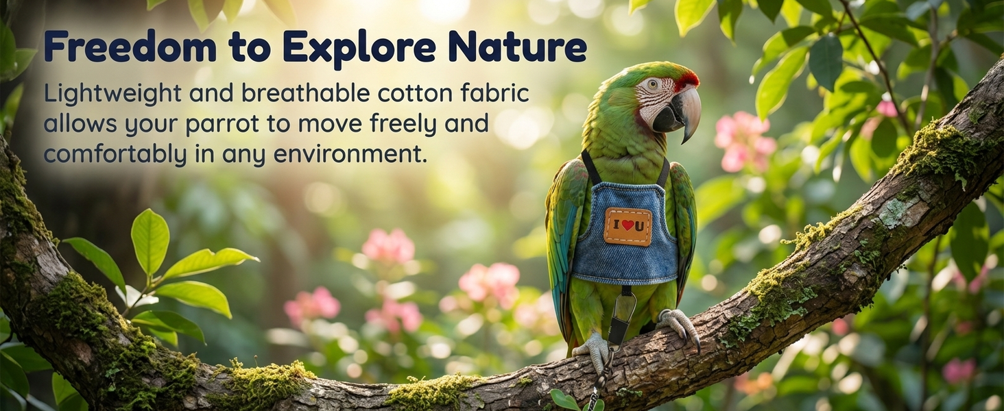 Qpets Bird Flight Harness with Leash, Adjustable Denim Vest for Large Parrots, 24cm Back Girth