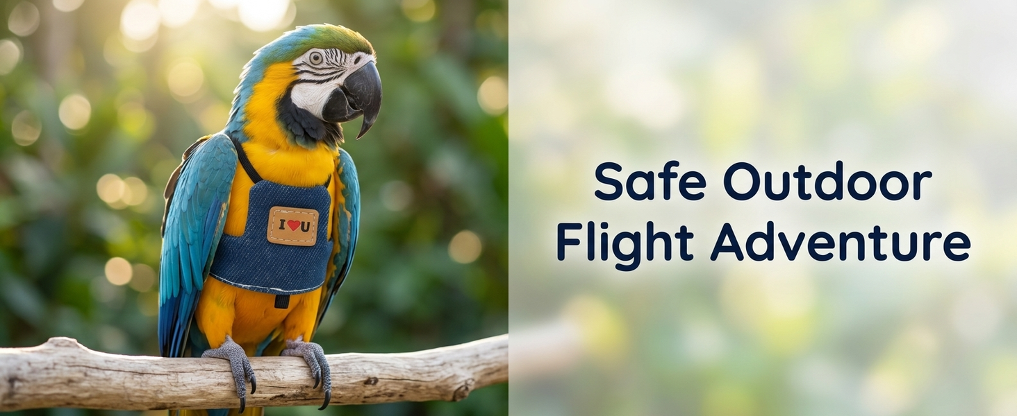 Qpets Bird Flight Harness with Leash, Adjustable Denim Vest for Large Parrots, 24cm Back Girth