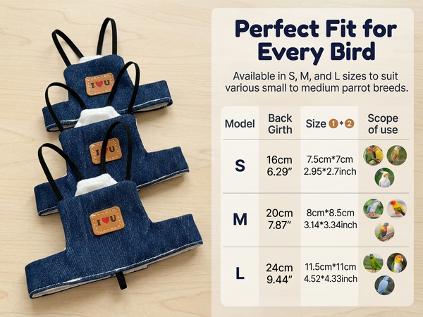 Qpets Bird Flight Harness with Leash, Adjustable Denim Vest for Large Parrots, 24cm Back Girth