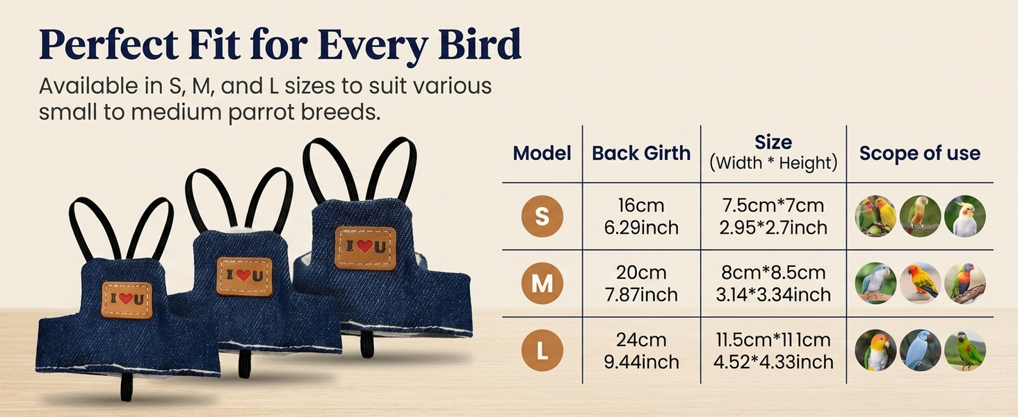 Qpets Bird Flight Harness with Leash, Adjustable Denim Vest for Large Parrots, 24cm Back Girth