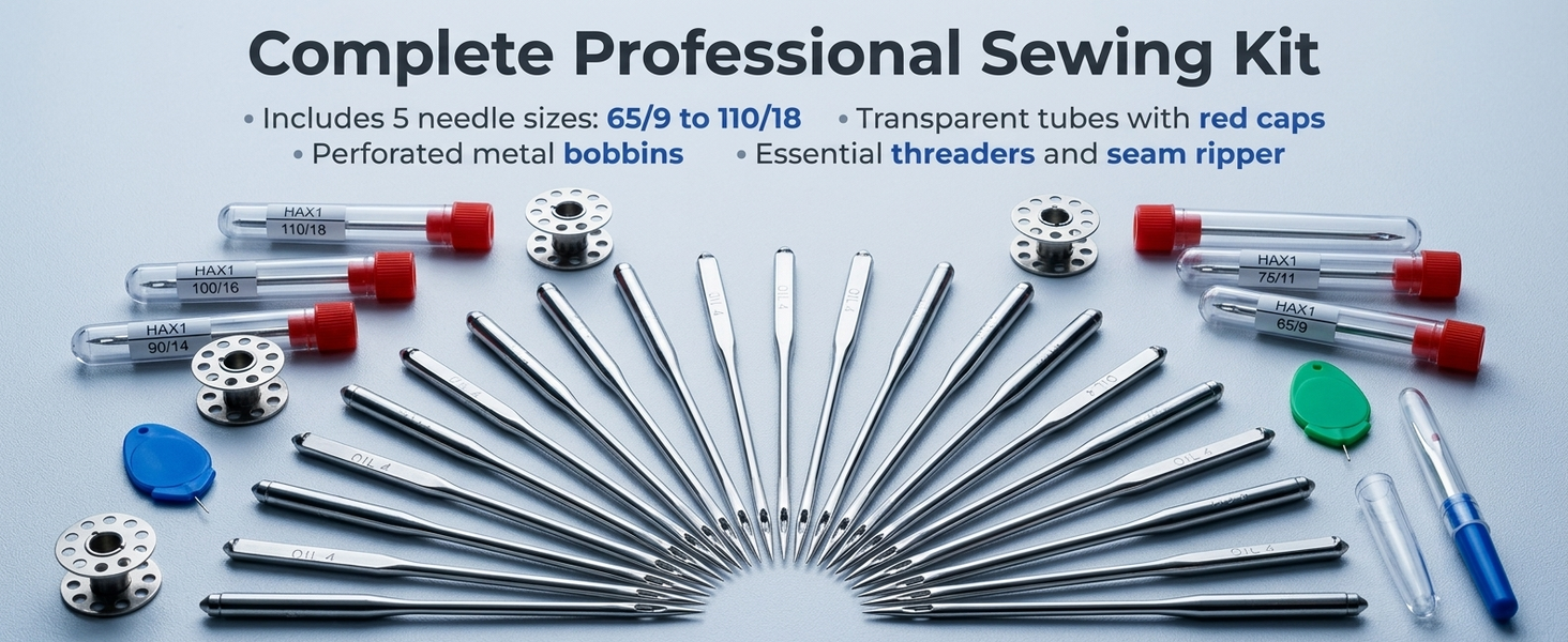 HASTHIP 50-Piece Sewing Machine Needle Set with Bobbins, Tools and Five Sizes for Household Machines