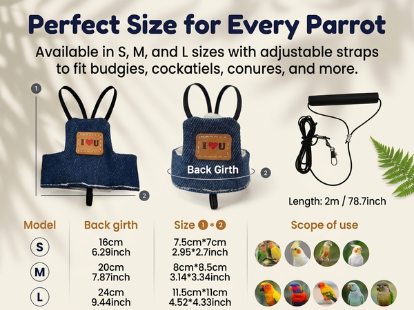 Qpets Adjustable Denim Bird Flight Harness with Leash for Medium Parrots, 20 cm Back Girth