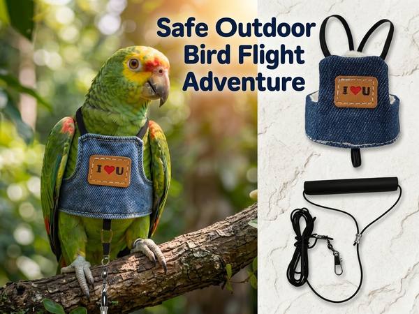 Qpets Adjustable Denim Bird Flight Harness with Leash for Medium Parrots, 20 cm Back Girth