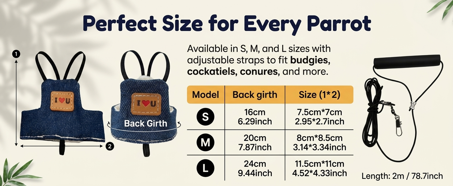 Qpets Adjustable Denim Bird Flight Harness with Leash for Medium Parrots, 20 cm Back Girth