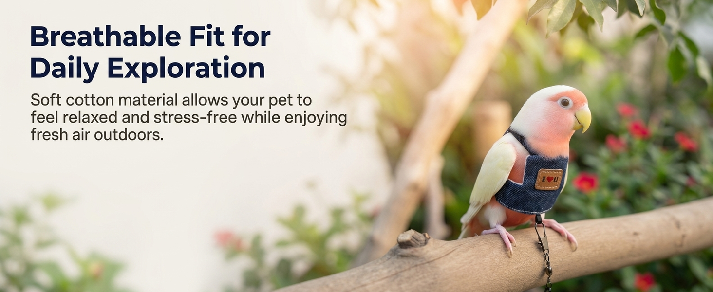 Qpets Adjustable Denim Bird Flight Harness with Leash for Medium Parrots, 20 cm Back Girth