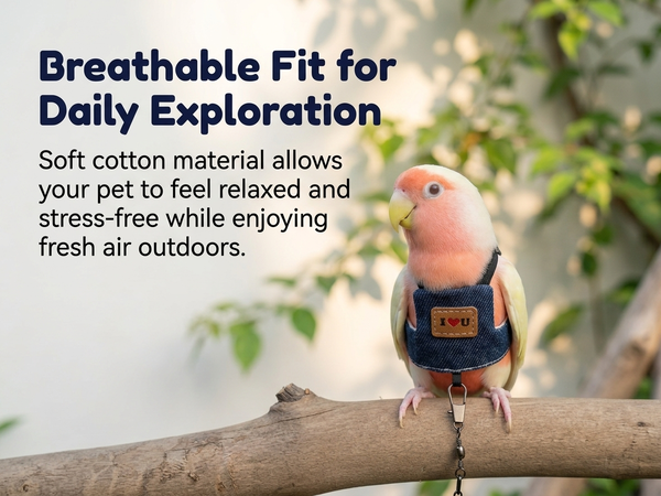 Qpets Adjustable Denim Bird Flight Harness with Leash for Medium Parrots, 20 cm Back Girth