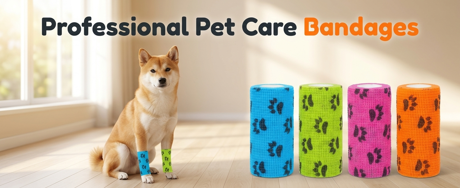 Qpets Self-Adhesive Non-Woven Elastic Pet Recovery Wraps with Paw Print for Cats and Dogs