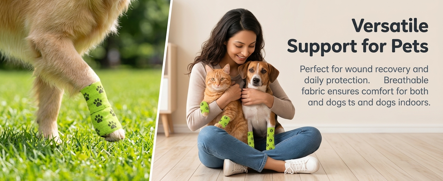 Qpets Self-Adhesive Non-Woven Elastic Pet Recovery Wraps with Paw Print for Cats and Dogs