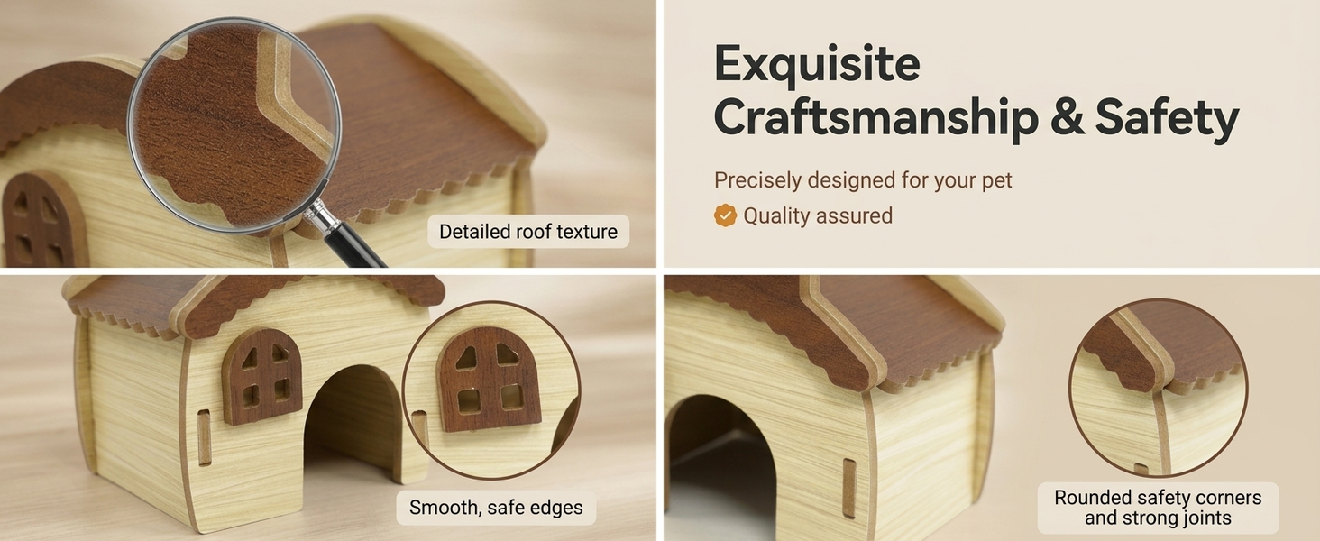 Qpets Wooden Hamster House with Natural Wood, Enclosed Hideout and Tool-Free Assembly