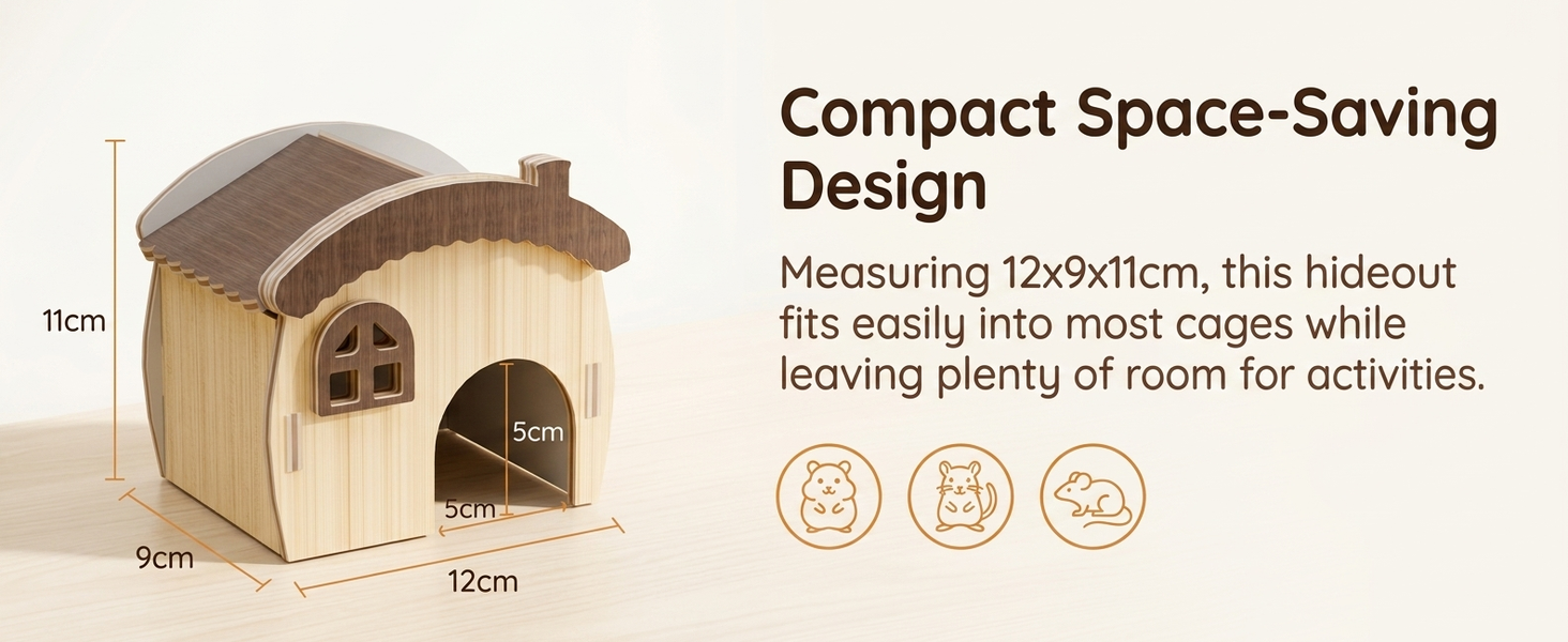 Qpets Wooden Hamster House with Natural Wood, Enclosed Hideout and Tool-Free Assembly