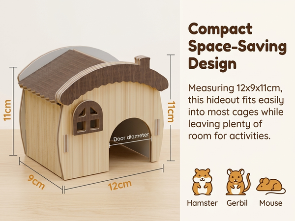 Qpets Wooden Hamster House with Natural Wood, Enclosed Hideout and Tool-Free Assembly