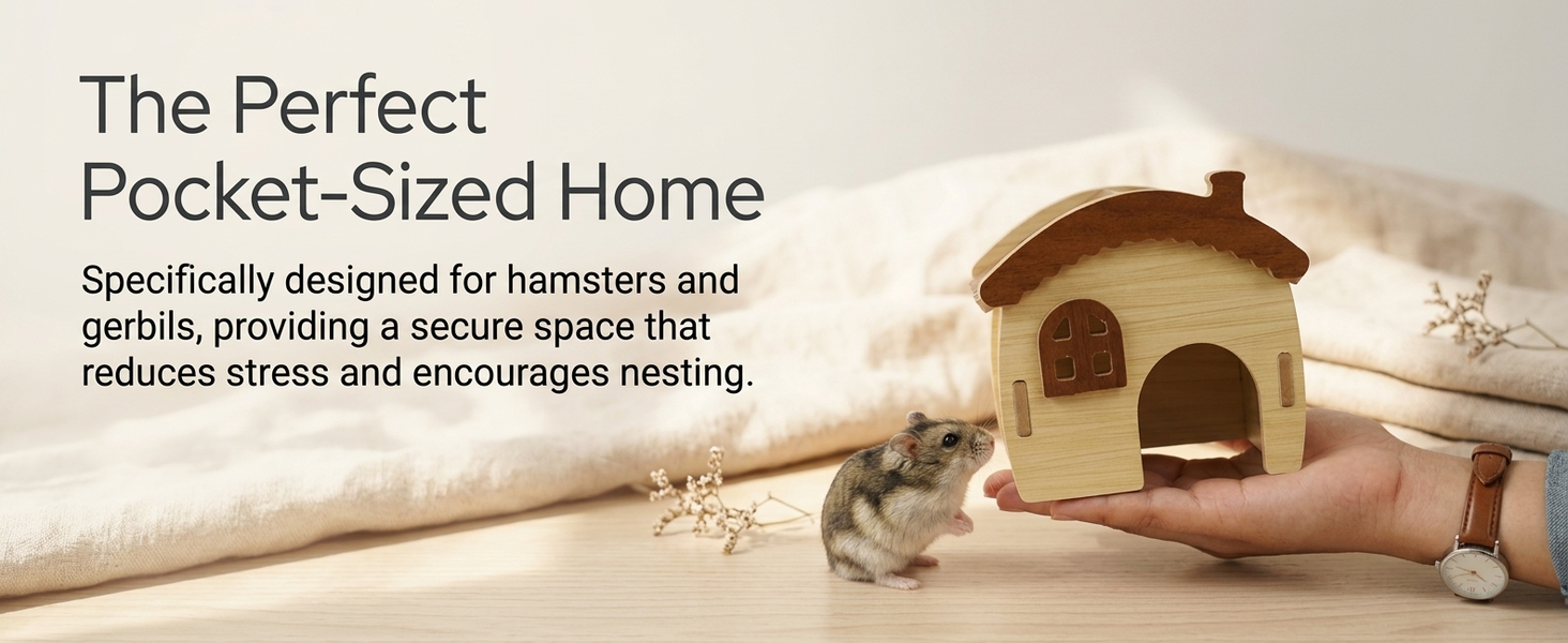 Qpets Wooden Hamster House with Natural Wood, Enclosed Hideout and Tool-Free Assembly
