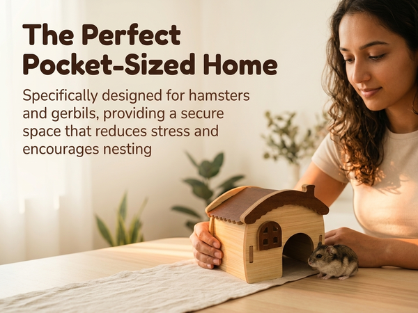 Qpets Wooden Hamster House with Natural Wood, Enclosed Hideout and Tool-Free Assembly