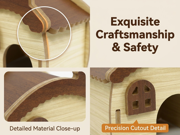 Qpets Wooden Hamster House with Natural Wood, Enclosed Hideout and Tool-Free Assembly