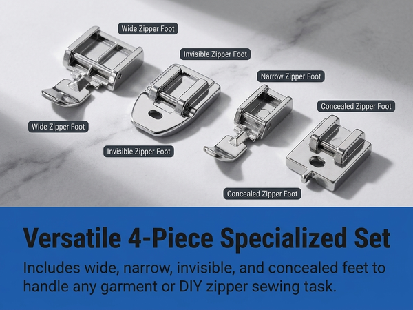 HASTHIP 4-Piece Zipper Presser Foot Kit for Low-Shank Sewing Machines with Four Foot Styles