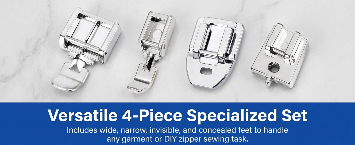 HASTHIP 4-Piece Zipper Presser Foot Kit for Low-Shank Sewing Machines with Four Foot Styles