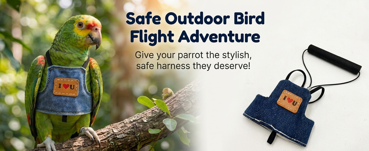 Qpets Adjustable Denim Bird Flight Harness with Leash for Medium Parrots, 20 cm Back Girth