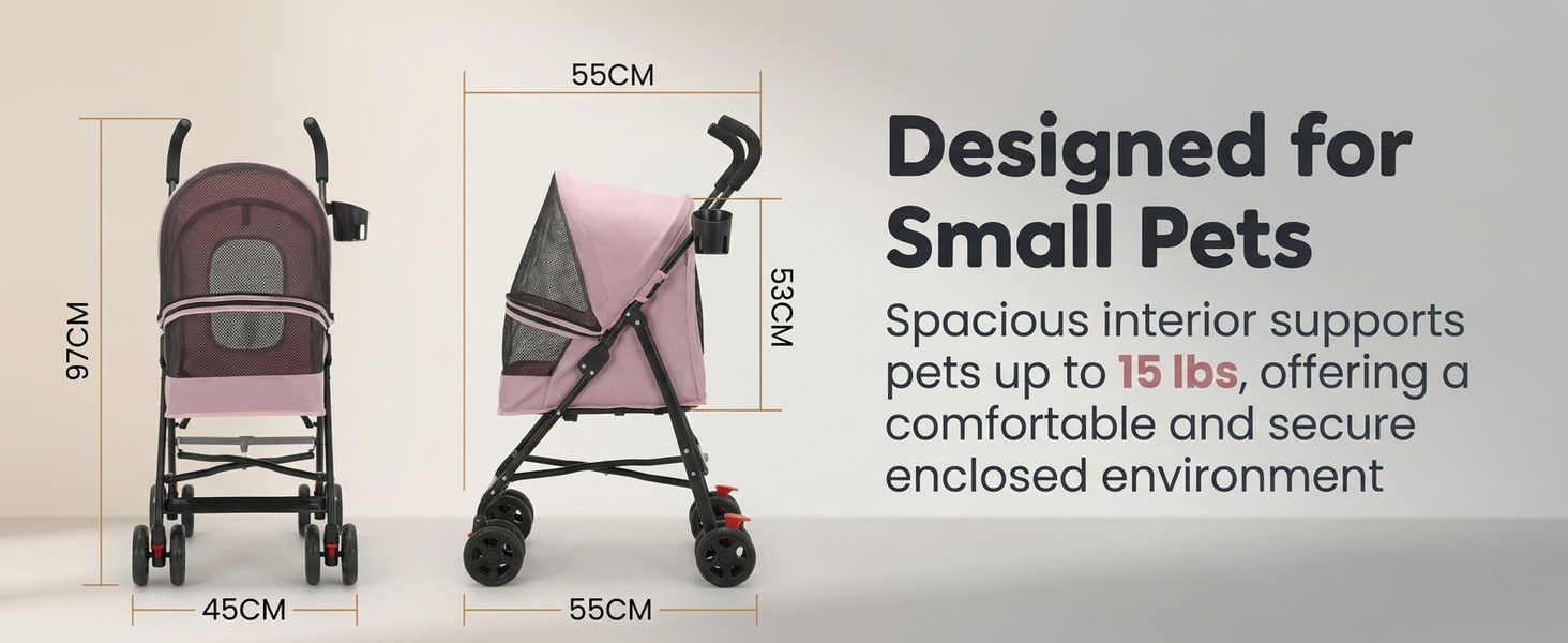 Qpets Foldable Pet Stroller for Small Dogs and Cats, Up to 7kg, Mesh Window and One-Step Fold