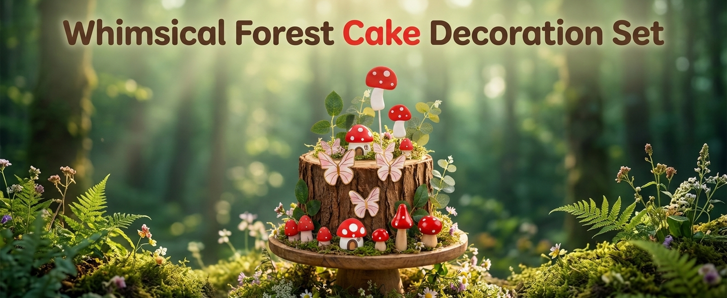 HASTHIP 15-Piece Mushroom House Cake Decor Set with Whimsical Toppers for Parties and Showers