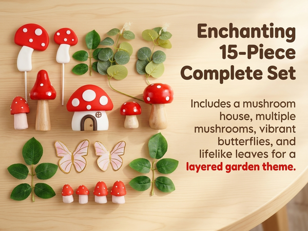 HASTHIP 15-Piece Mushroom House Cake Decor Set with Whimsical Toppers for Parties and Showers