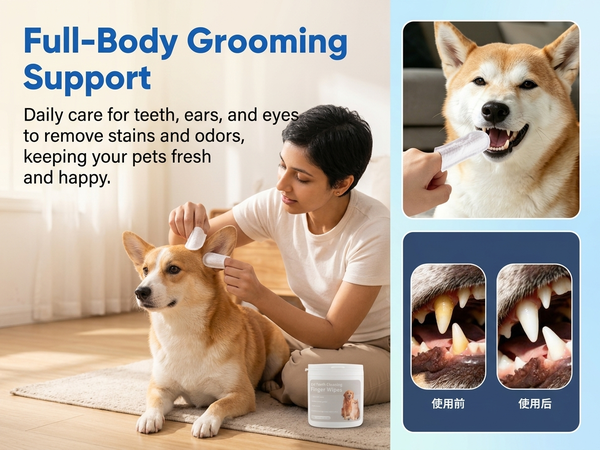 Qpets 3-in-1 Natural Cotton Pet Finger Wipes for Dogs and Cats, Teeth, Ears and Eyes, 50 Count
