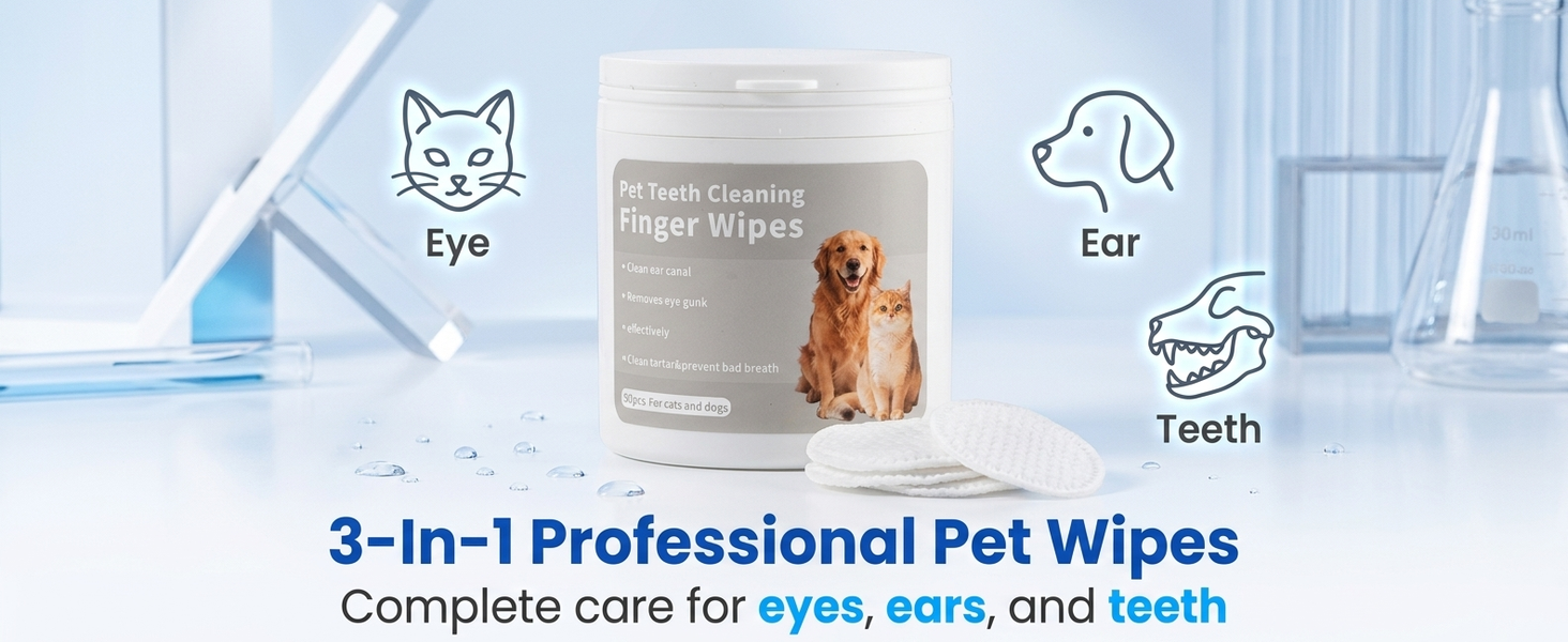 Qpets 3-in-1 Natural Cotton Pet Finger Wipes for Dogs and Cats, Teeth, Ears and Eyes, 50 Count