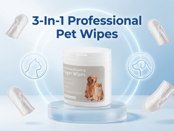 Qpets 3-in-1 Natural Cotton Pet Finger Wipes for Dogs and Cats, Teeth, Ears and Eyes, 50 Count