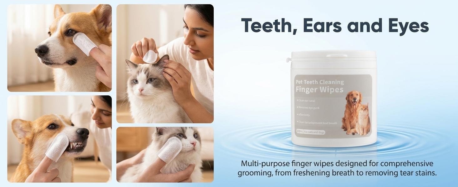 Qpets 3-in-1 Natural Cotton Pet Finger Wipes for Dogs and Cats, Teeth, Ears and Eyes, 50 Count