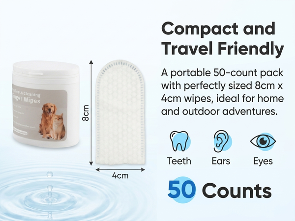 Qpets 3-in-1 Natural Cotton Pet Finger Wipes for Dogs and Cats, Teeth, Ears and Eyes, 50 Count