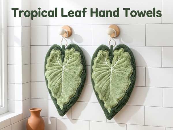 HASTHIP 2 Pack Hanging Leaf-Shaped Hand Towels in Soft Coral Fleece for Kitchen and Bathroom